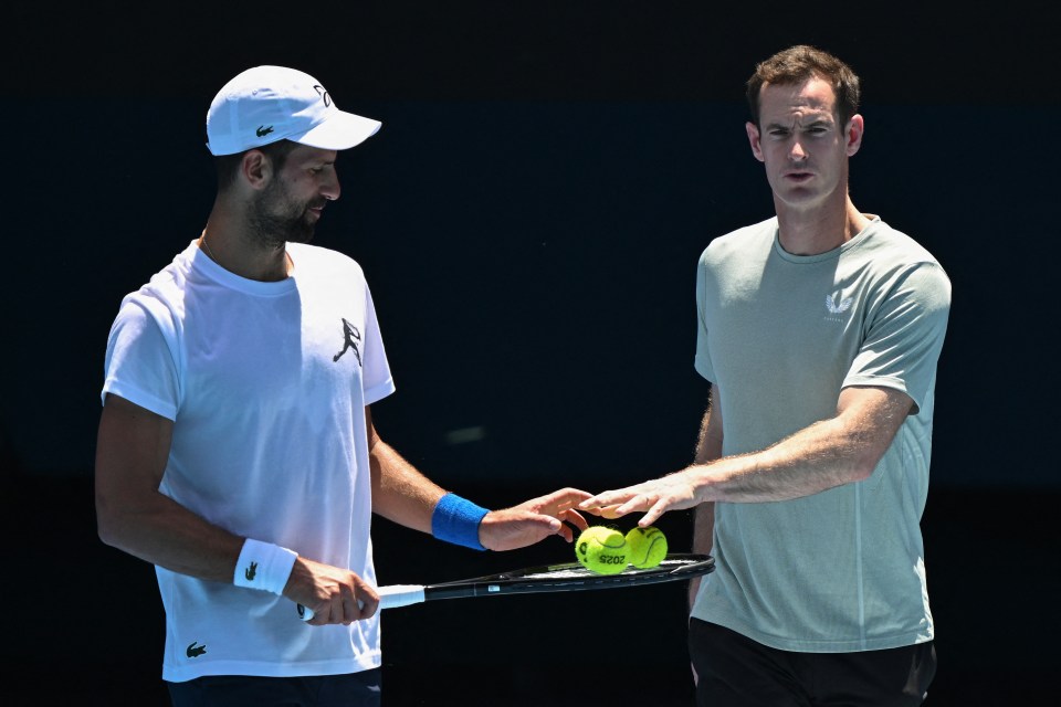 Novak Djokovic and Andy Murray during a tennis practice session.