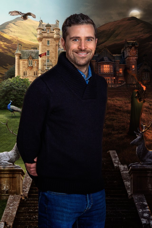 Alexander, a contestant on BBC's The Traitors, in front of a castle.