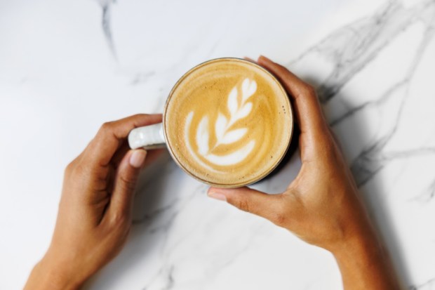 Hands holding a cup of latte art.