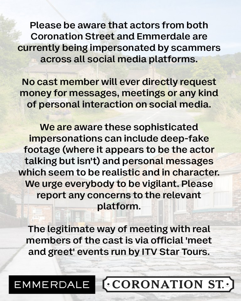 Warning: Coronation Street and Emmerdale actors are being impersonated by scammers on social media.