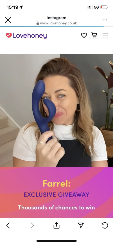 Woman holding a sex toy in front of her face; giveaway announcement.