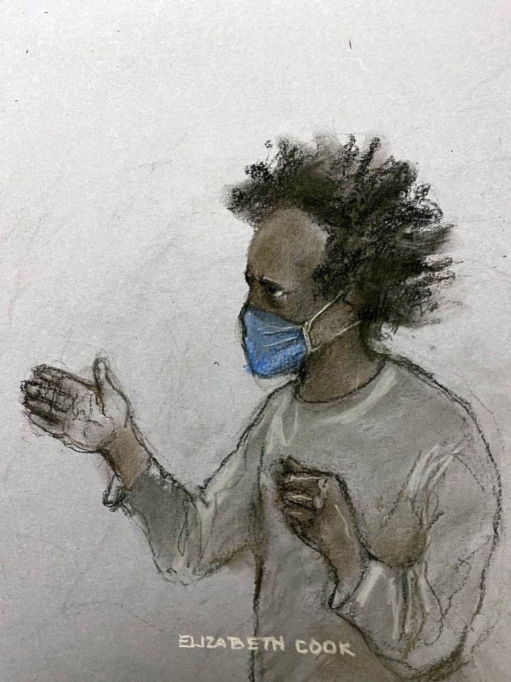 A court sketch of Rudakubana shouting from the dock in court today