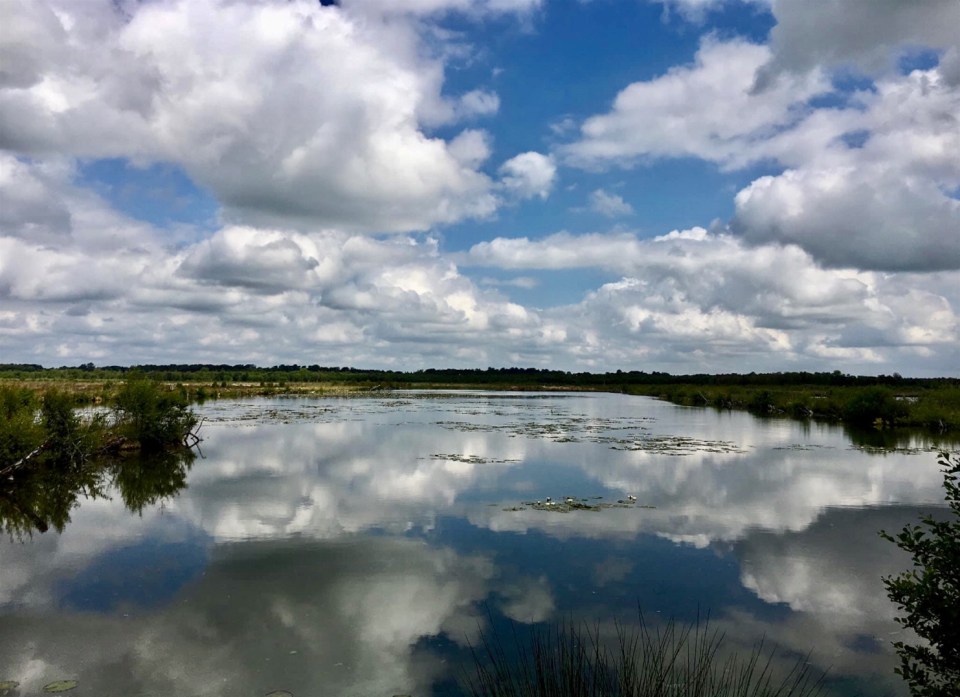 Clouds reflected in a calm body of water.