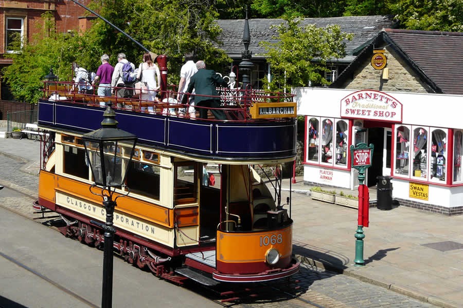 Tram at Crich Tramway Village.