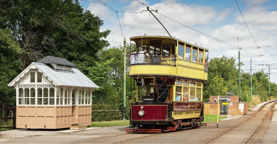 A double-decker tram at Crich Tramway Village.