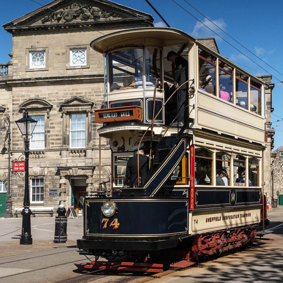 Vintage double-decker tram at Crich Tramway Village.