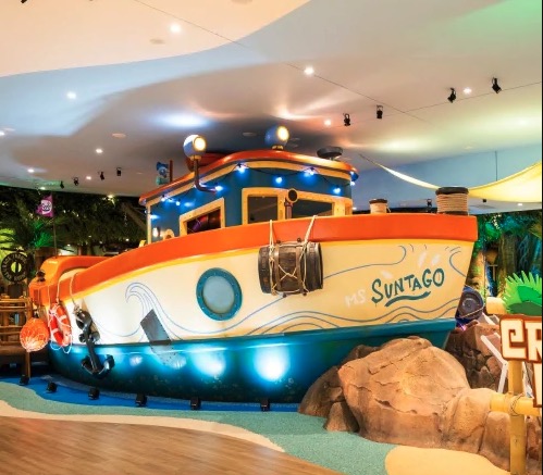 Crocodile Island play area at Suntago park, featuring a large boat-shaped play structure.