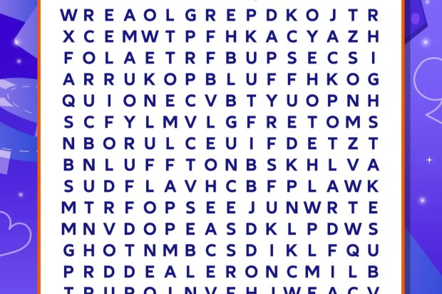 Word search puzzle with eight words to find.