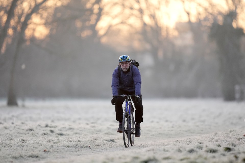 Cyclist riding a bicycle through a frost-covered park.