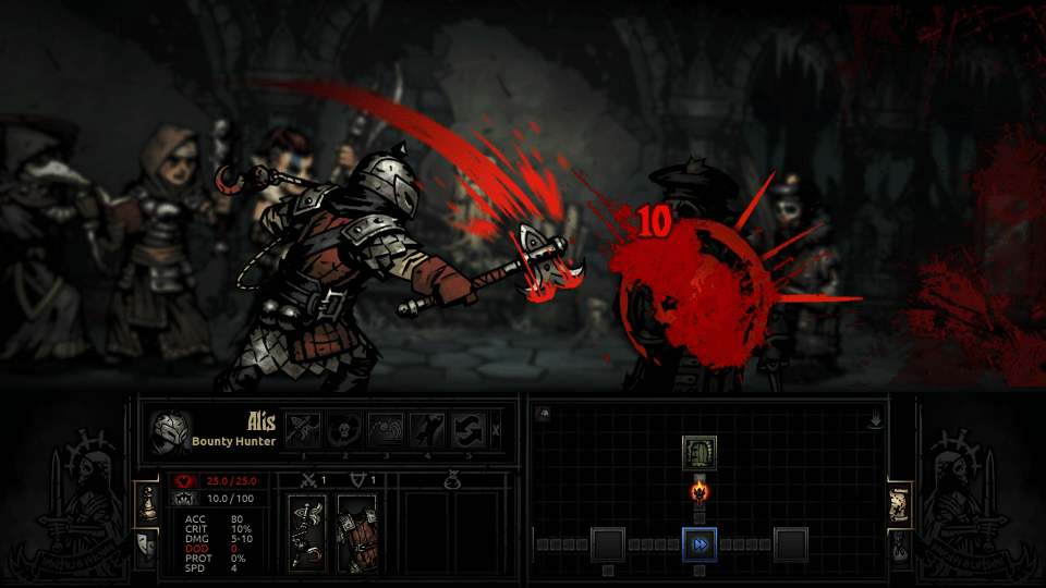 Darkest Dungeon gameplay screenshot showing a Bounty Hunter attacking an enemy.