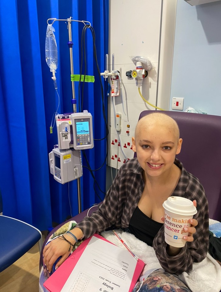 Teenage girl undergoing cancer treatment, holding a coffee cup.