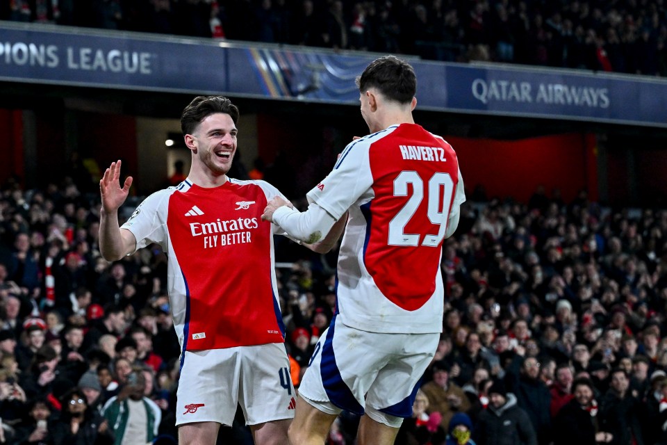 Declan Rice and Kai Havertz of Arsenal FC celebrating a goal.