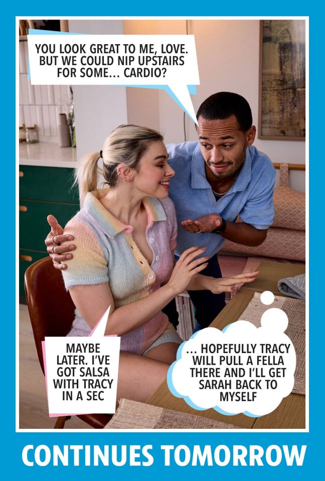 Illustration of a couple in a kitchen with speech bubbles suggesting a playful conversation about exercise.