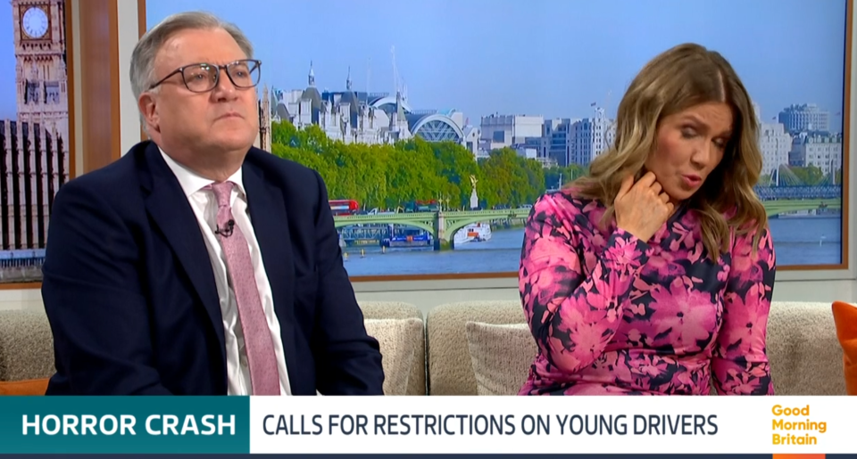 Susanna Reid and a male colleague on Good Morning Britain discussing a car crash and calls for driving restrictions for young drivers.