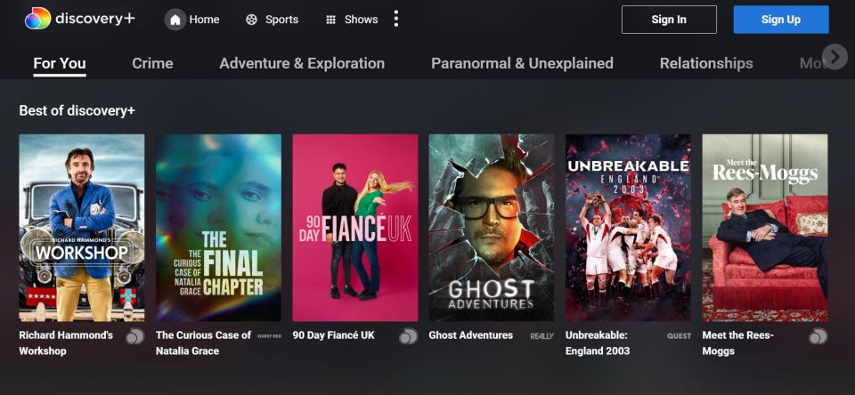 Discovery+ homepage showing featured shows.