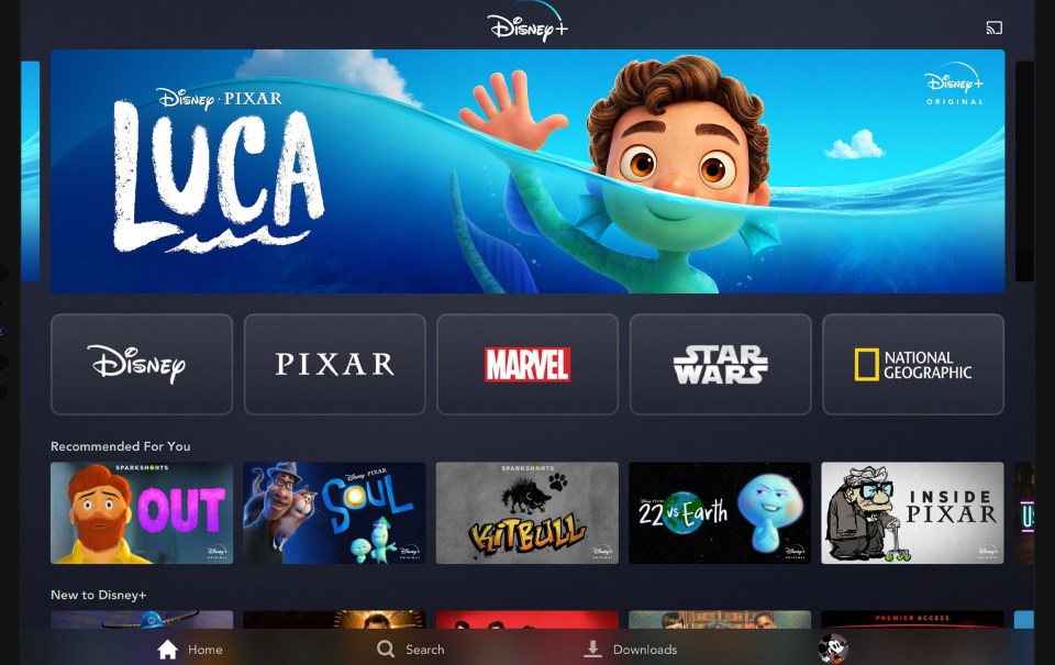 Disney+ home screen featuring Luca, and recommendations.