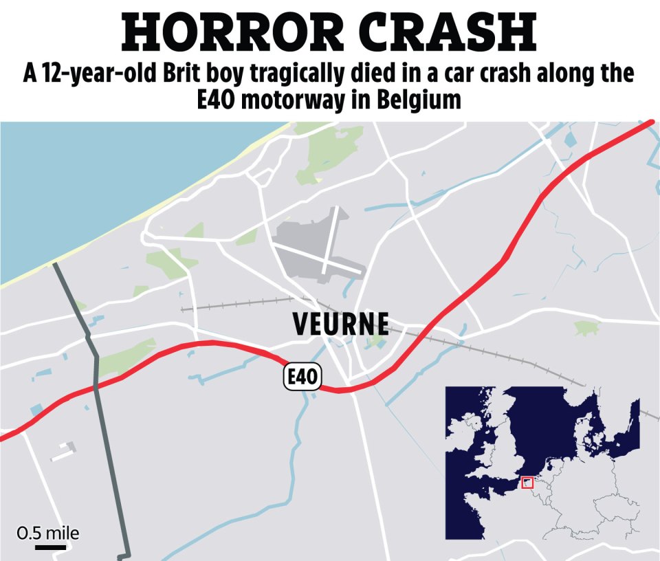 Map showing location of fatal car crash on the E40 motorway near Veurne, Belgium.