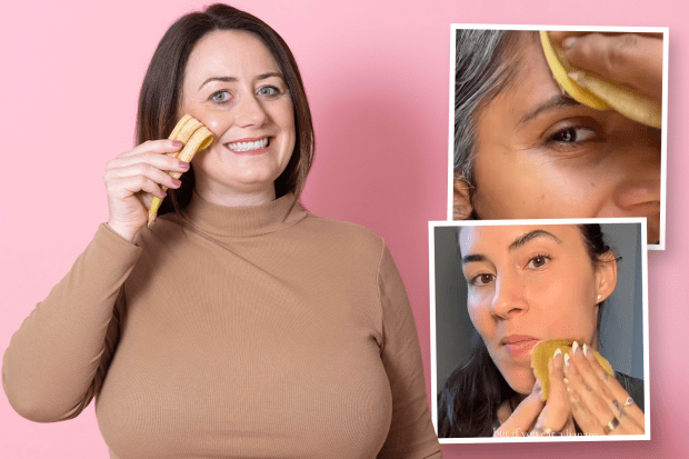 Woman using banana peel on her face; inset images show other people using a cleansing pad on their faces.