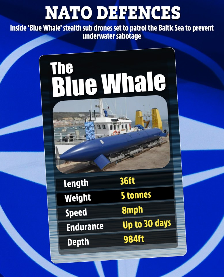 Illustration of the Blue Whale stealth submarine drone with specifications.