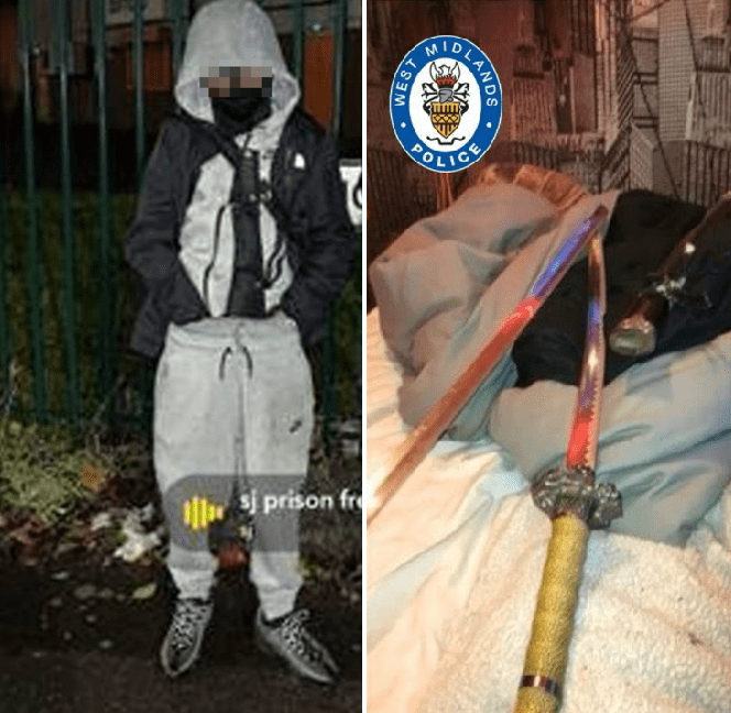 A youth in a hooded jacket and sweatpants stands next to a seized sword.