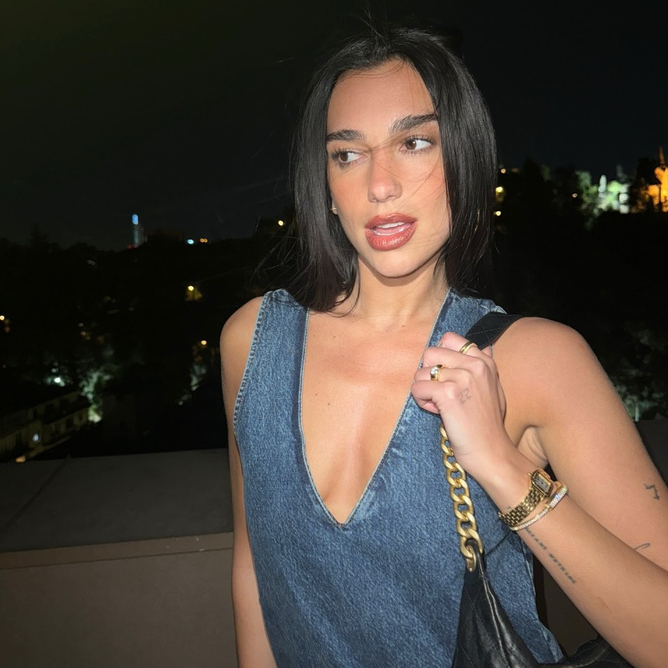 Dua Lipa in a denim top at night.