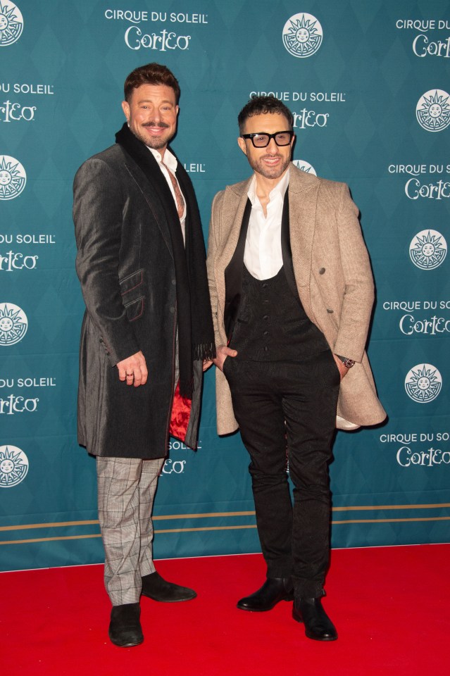 Duncan James and Antony Cost at the Cirque du Soleil Corteo premiere.