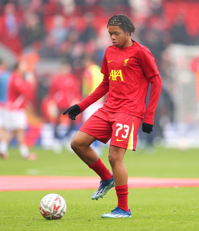 Rio Ngumoha of Liverpool warming up before a Carabao Cup match.