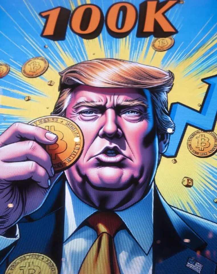 Illustration of Donald Trump holding a Bitcoin, with a rising graph and the number 100K in the background.