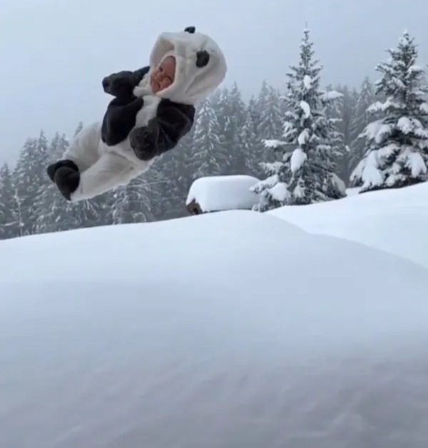 Baby in panda costume thrown into snowdrift.