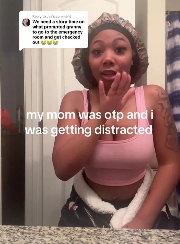 Woman in a shower cap explains that her mother was at the hospital while she was distracted.