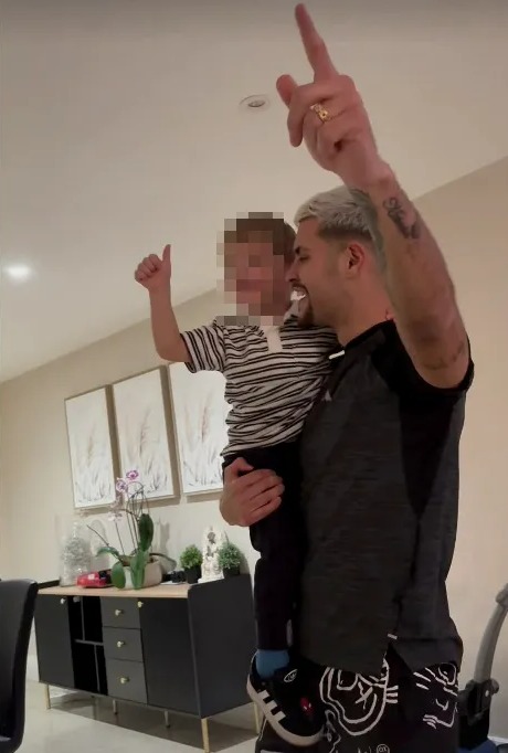 Bruno Guimaraes celebrated Newcastle's win over Arsenal with his son