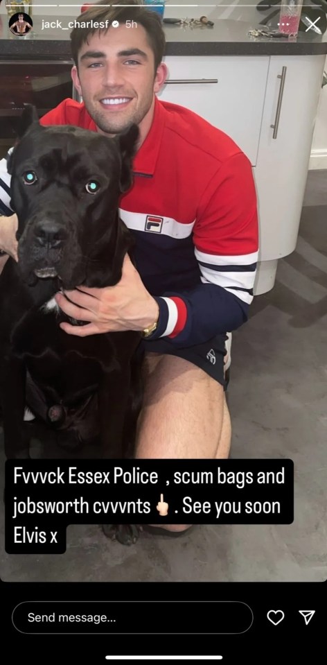 Screenshot of a man holding a dog with an offensive message directed at Essex Police.