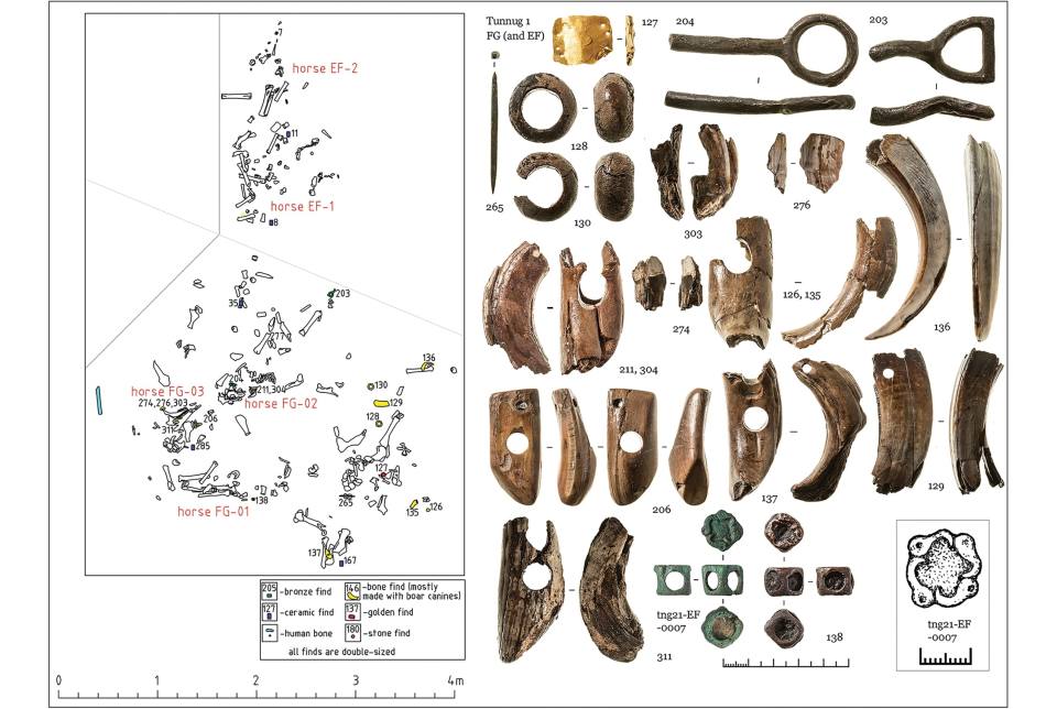 Illustration of an Early Iron Age horse sacrifice site in southern Siberia, showing a map of the site and artifacts found.