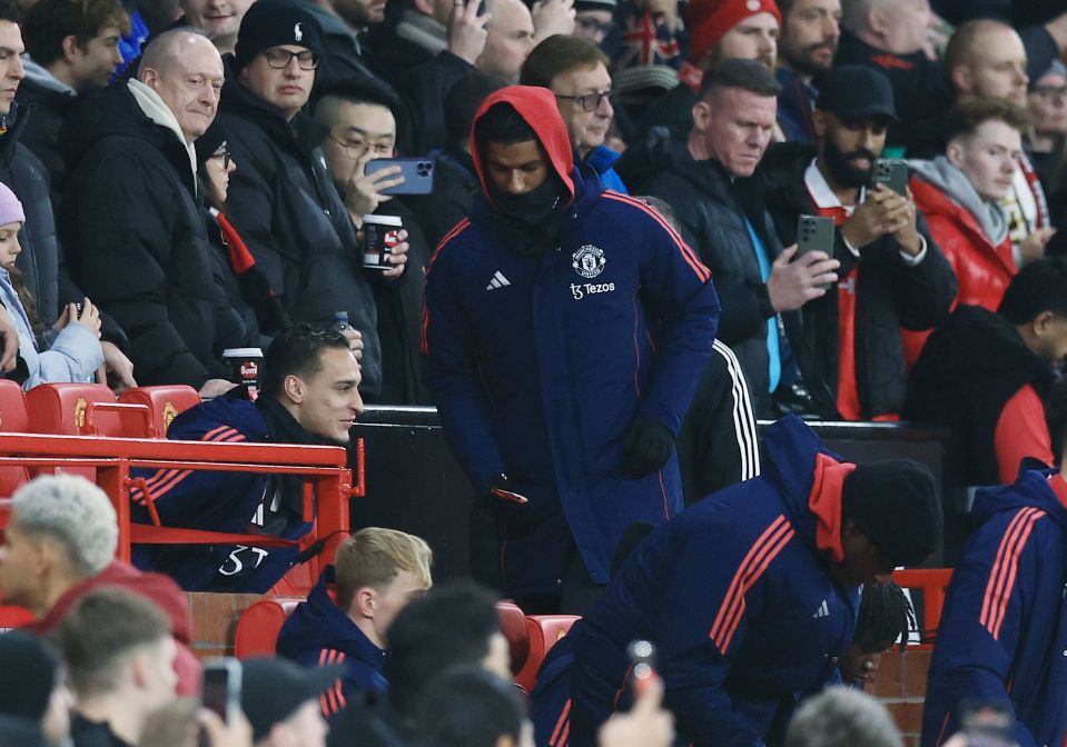 Marcus Rashford of Manchester United on the substitutes bench.