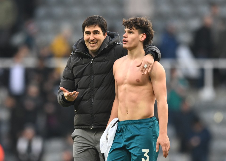 Andoni Iraola, Bournemouth manager, and Milos Kerkez, Bournemouth player, after a football match.