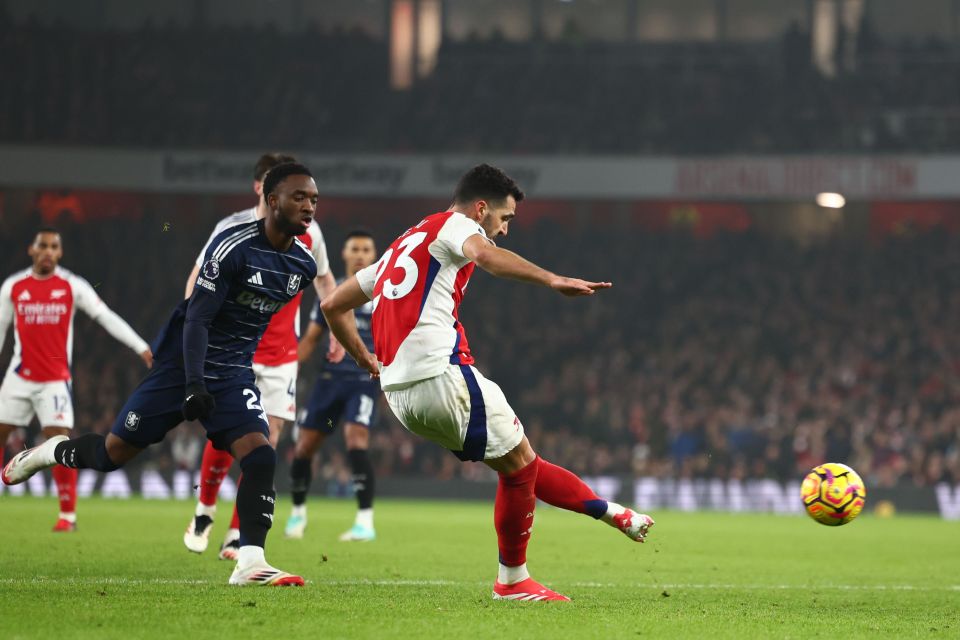 Mikel Merino of Arsenal taking a shot on goal.