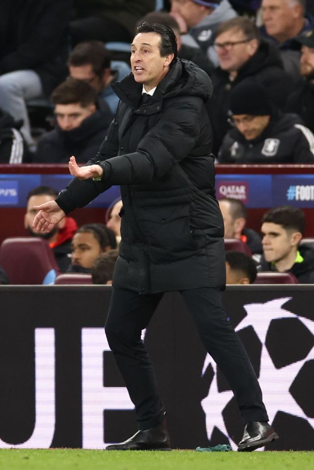 Unai Emery, Aston Villa manager, coaching during a soccer match.