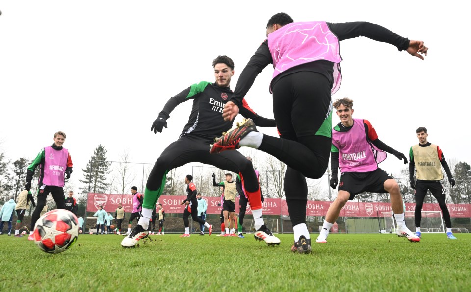 Arsenal's Declan Rice and Jurrien Timber training.