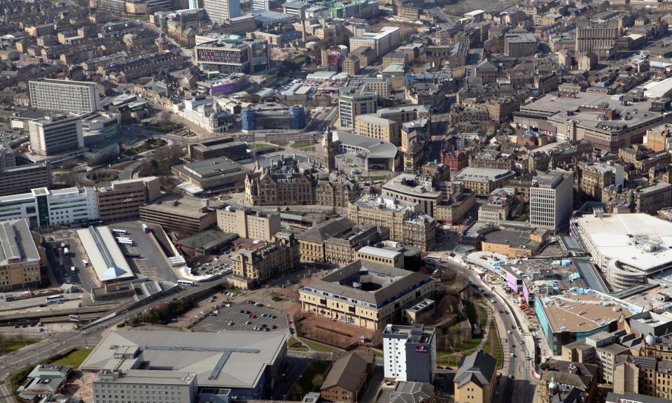 Aerial view of Bradford city center.