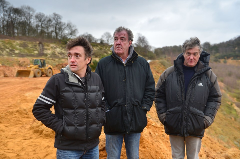 Richard Hammond, Jeremy Clarkson, and James May on the set of Top Gear.