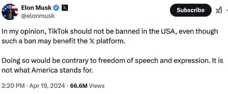 Elon Musk's tweet against banning TikTok in the USA.