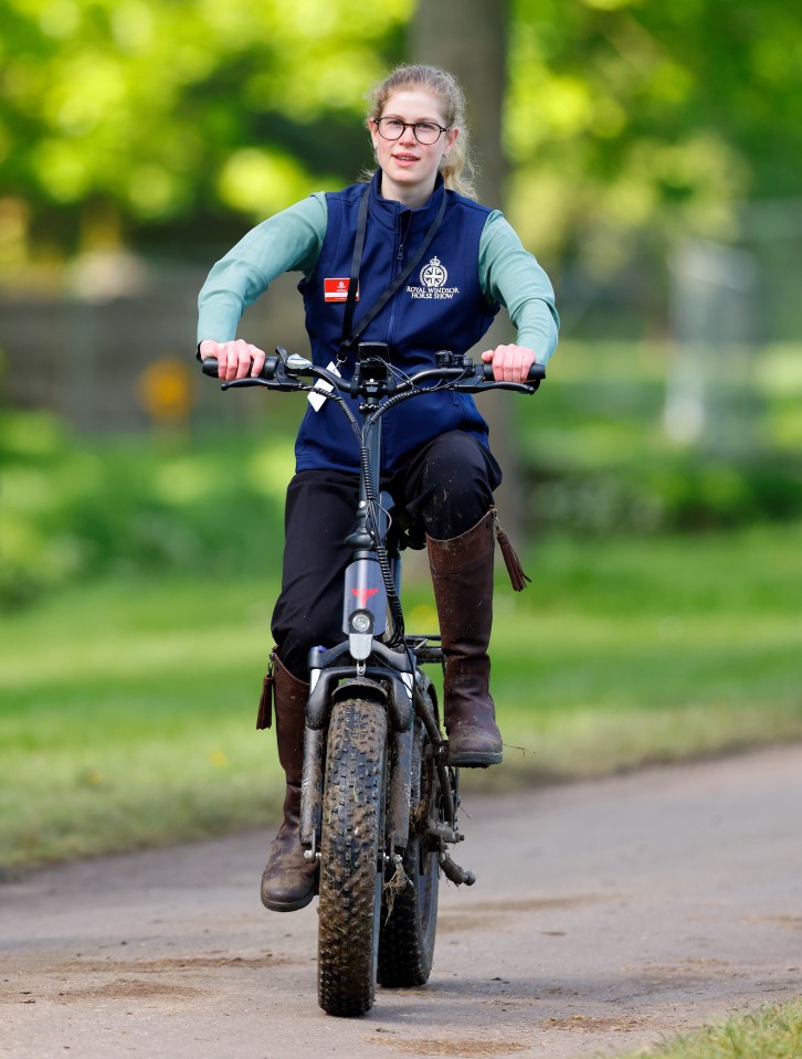 Lady Louise Windsor riding an off-road e-bike.