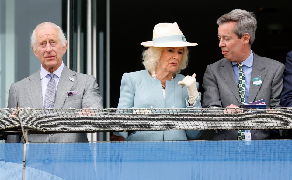 King Charles III, Queen Camilla, and Joe Saumarez Smith at the Epsom Derby.