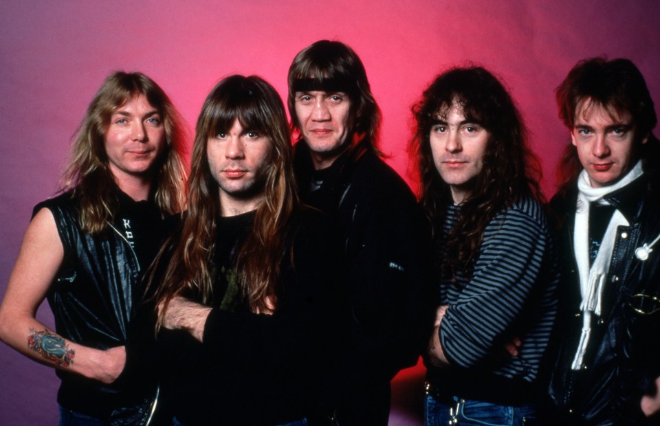 Portrait of the heavy metal band Iron Maiden backstage.