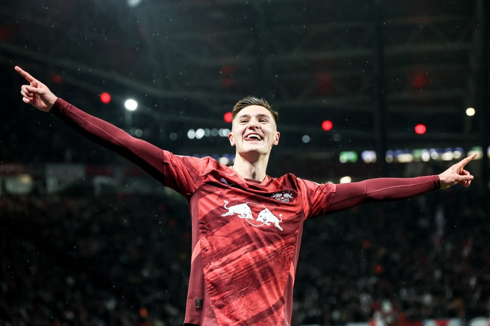 Benjamin Sesko of RB Leipzig celebrates a goal.