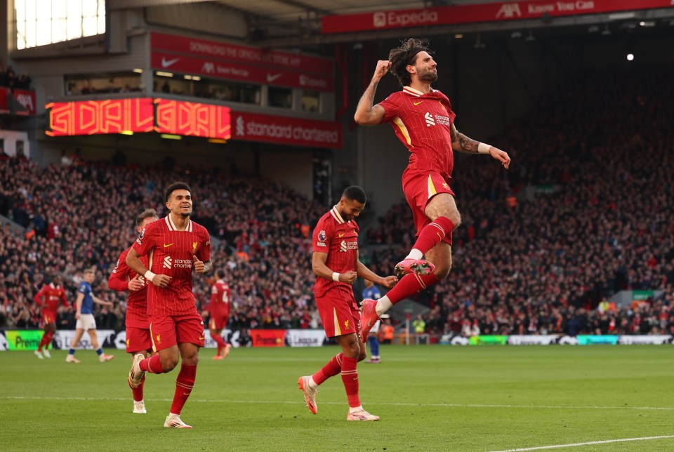 Dominik Szoboszlai of Liverpool celebrates scoring a goal.