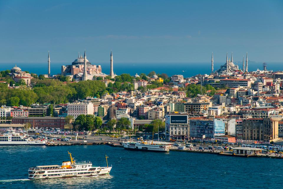 Istanbul skyline with the Bosphorus Strait and mosques.