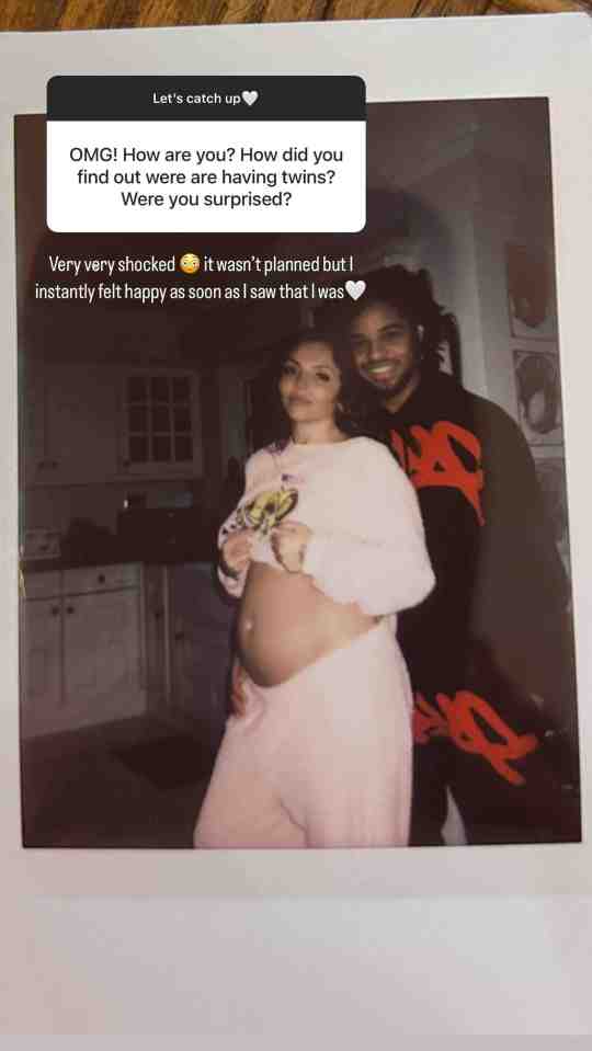 Photo of a pregnant woman and man announcing they are having twins.