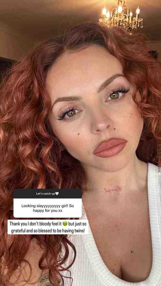 Close-up photo of Jesy Nelson announcing she is expecting twins.