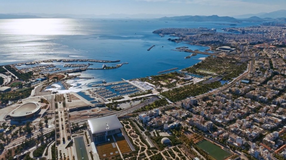 Aerial view of Athens' new seaside park and marina.